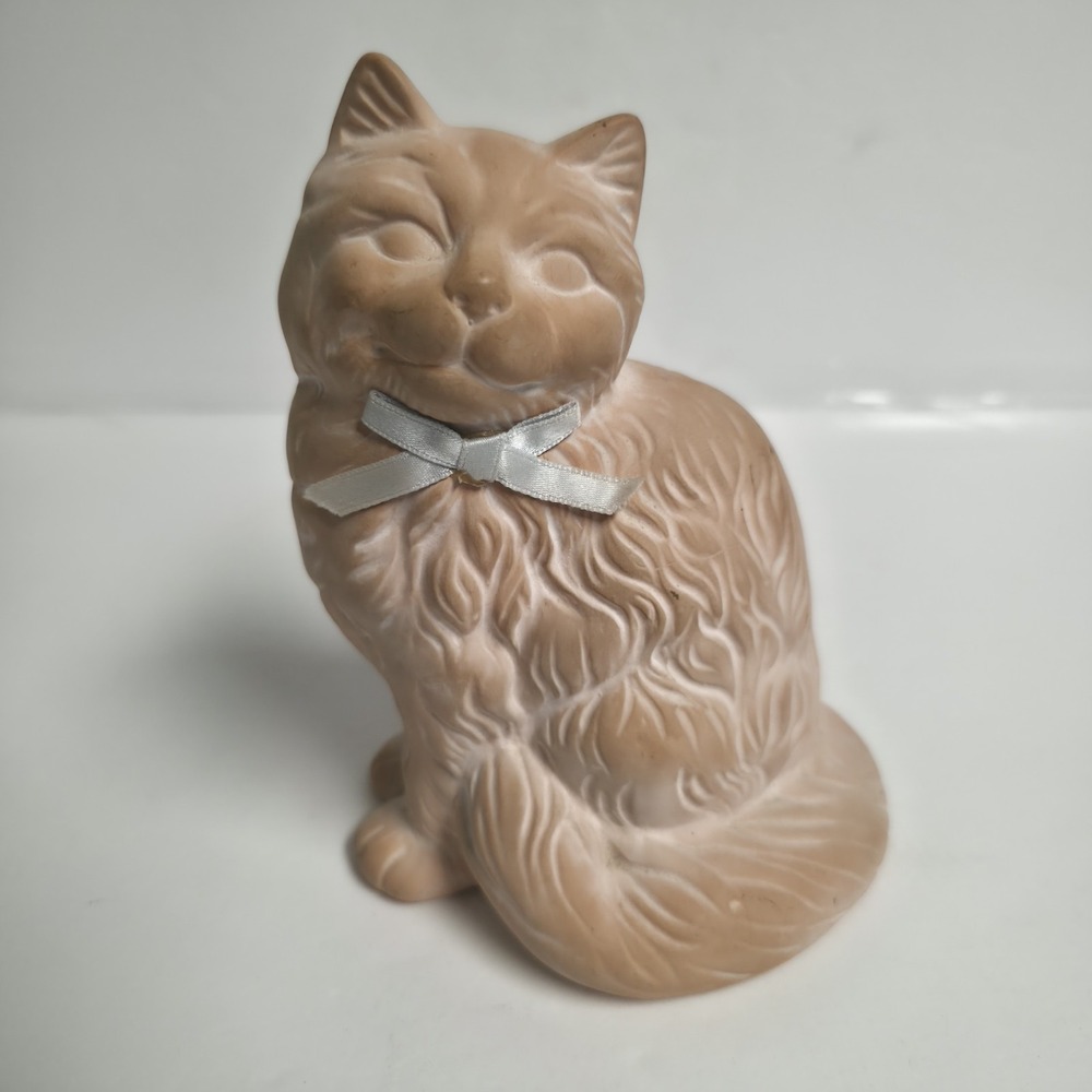 Vintage Terracotta Cat Figurine Bisque Clay Matte Fluffy Longhair Blue Ribbon 6"